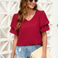 Swiss Dot V-Neck Short Sleeve Blouse