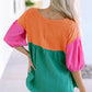 Color Block V-Neck Babydoll Blouse