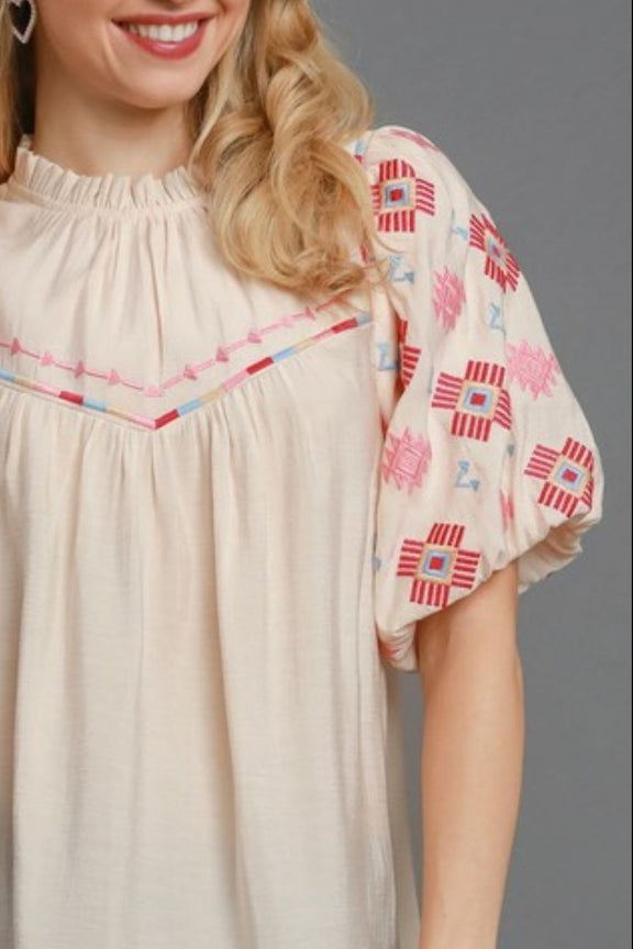 Umgee Full Size Embroidered Puff Sleeve Mock Neck Top Plus Size