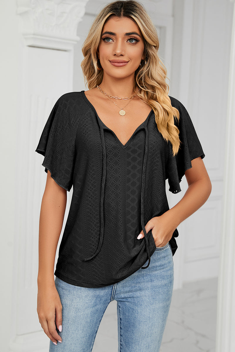 Eyelet Tie Neck Flutter Sleeve Blouse Black