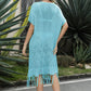 V-Neck Short Sleeve Fringe Hem Knit Dress