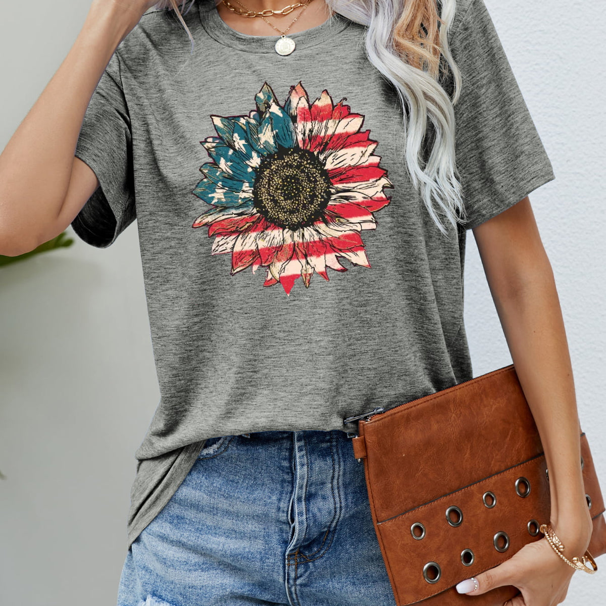 US Flag Flower Graphic Tee Mid Gray