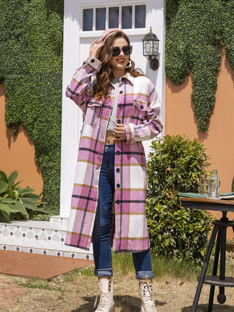 MeiMei Plaid Button Up Dropped Shoulder Coat