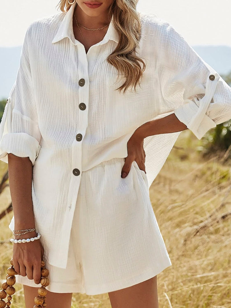 Texture Button Up Shirt and Shorts Set