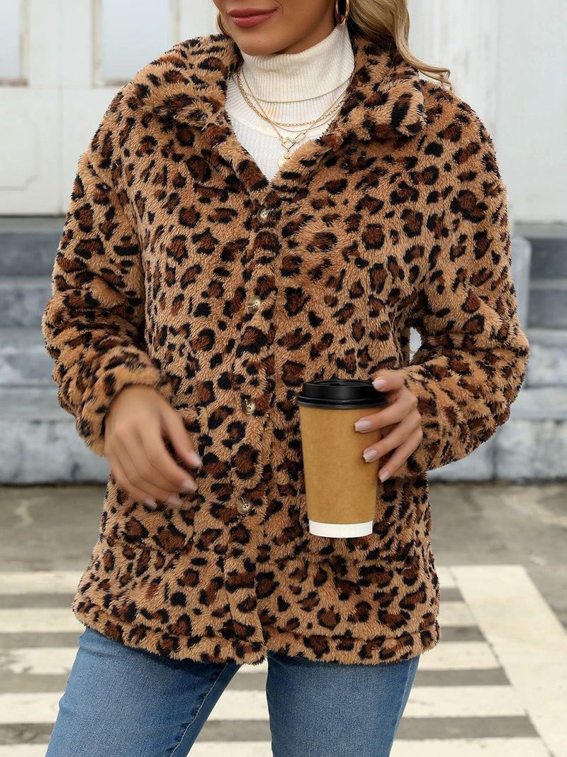 Button Up Drop Shoulder Fuzzy Jacket Leopard
