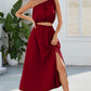 Ruched One Shoulder Top and Slit Skirt Set