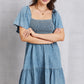 Smocked Square Neck Mini Denim Dress