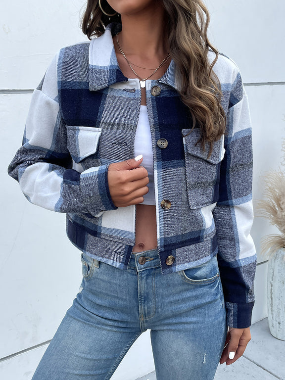 Perfee Plaid Button Up Drop Shoulder Cropped Jacket Dark Blue