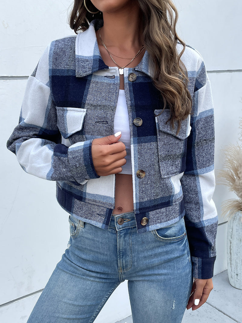 Perfee Plaid Button Up Drop Shoulder Cropped Jacket Dark Blue