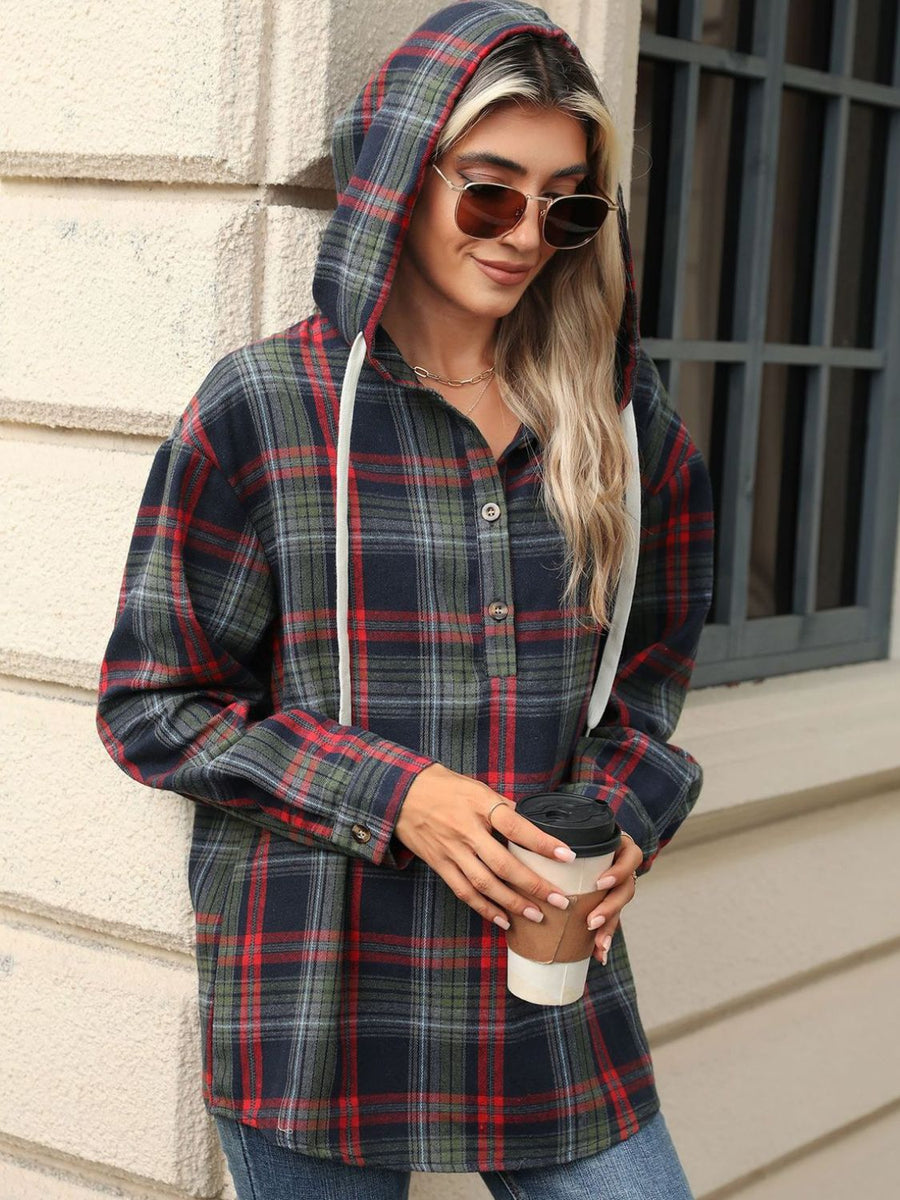 Drawstring Plaid Hooded Long Sleeve Top Dark Navy