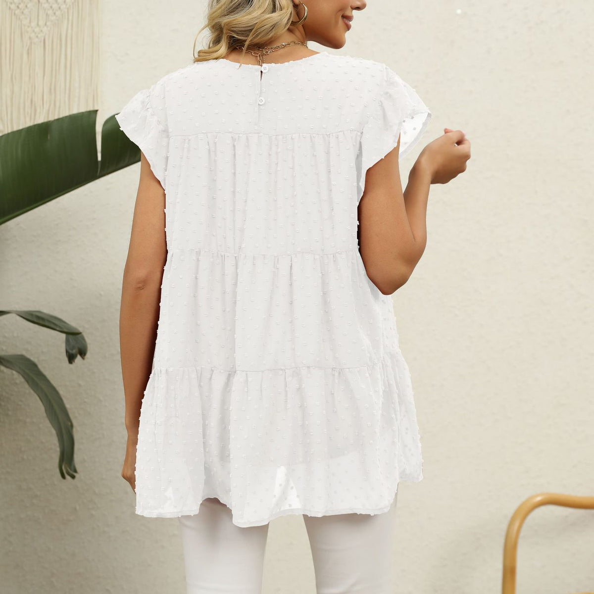 Swiss Dot Round Neck Tiered Blouse