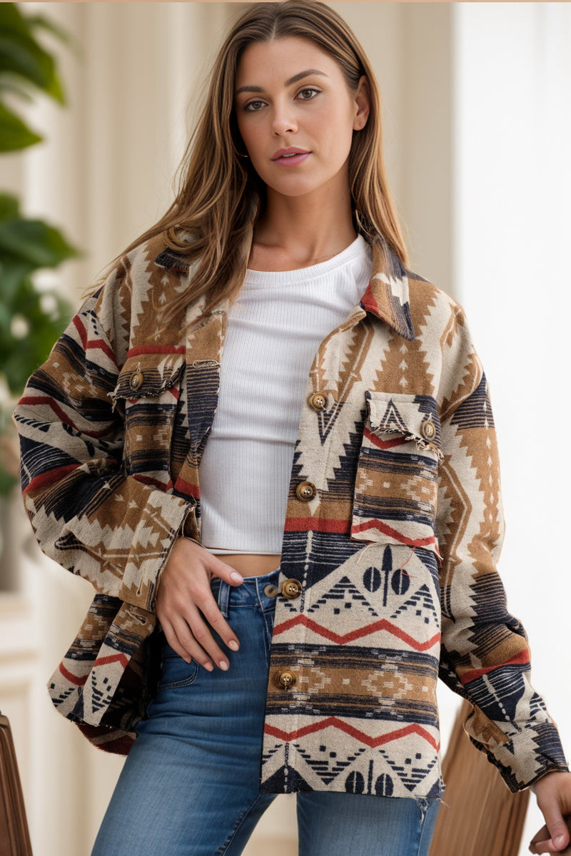 Geometric Button Up Long Sleeve Jacket Navy