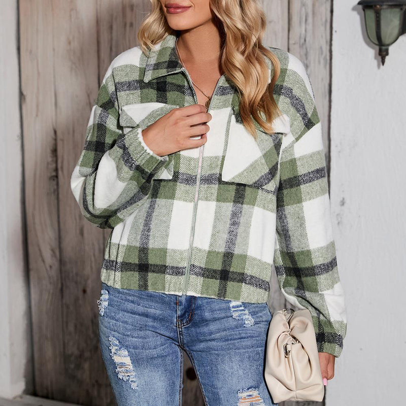 Plaid Zip-Up Collared Jacket