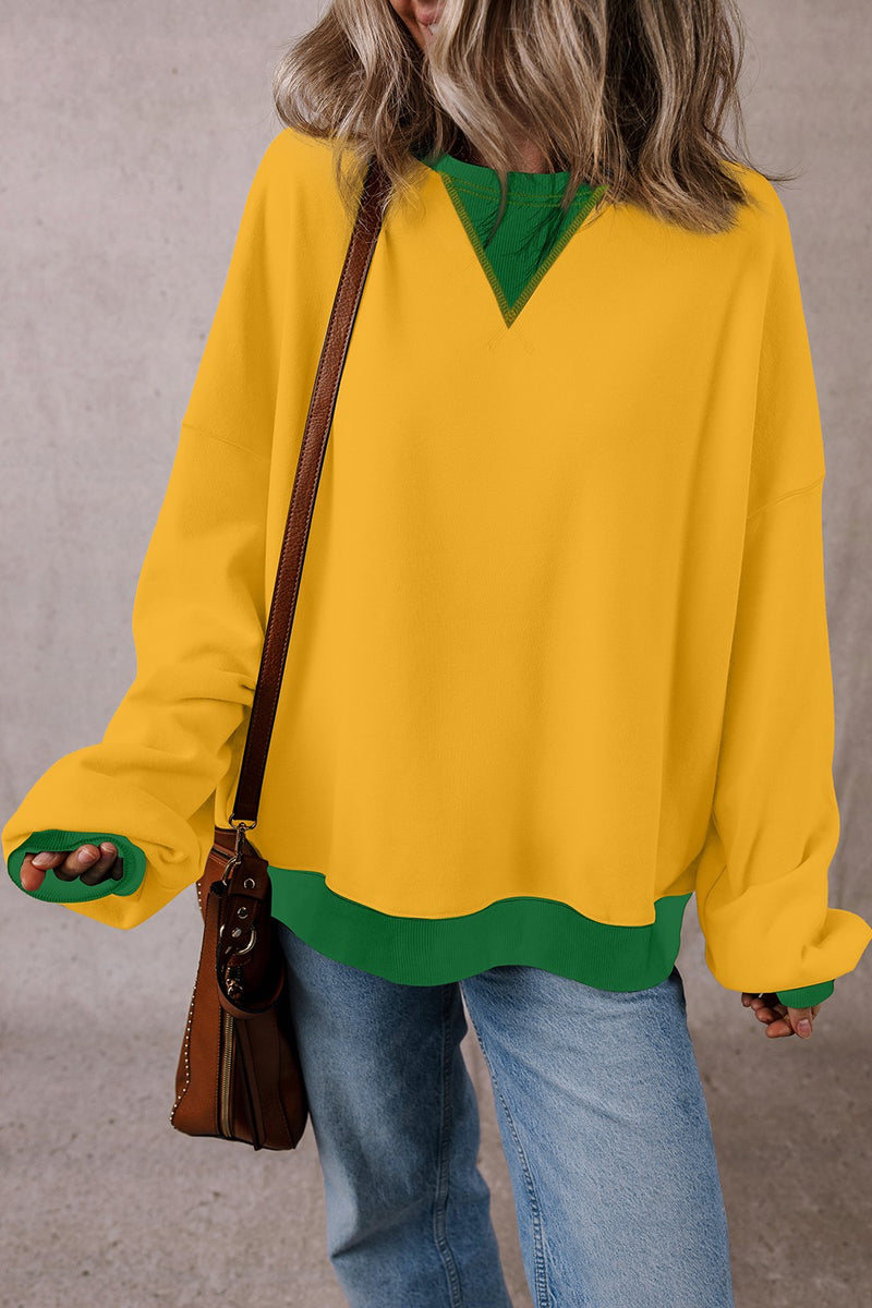 Contrast Round Neck Long Sleeve Sweatshirt Yellow