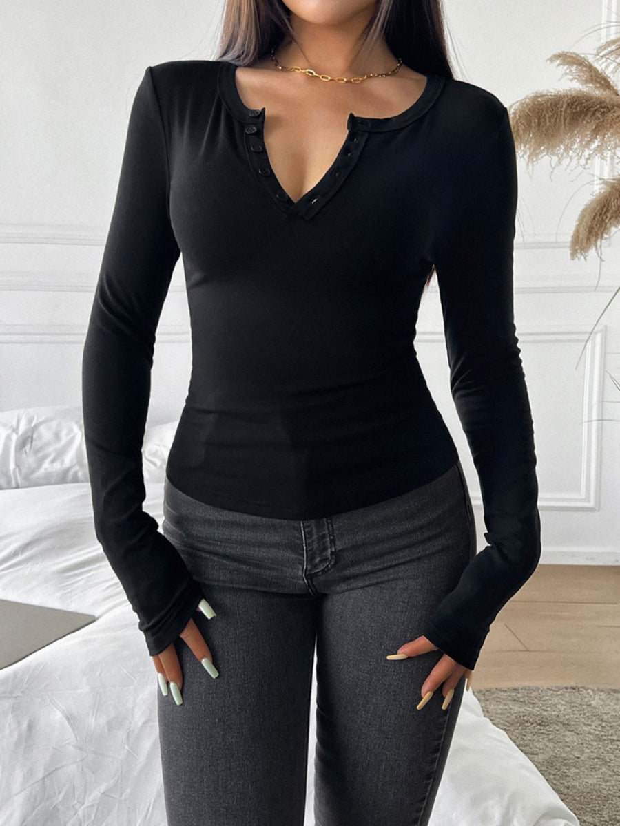 Devine Quarter Button Long Sleeve T-Shirt Black