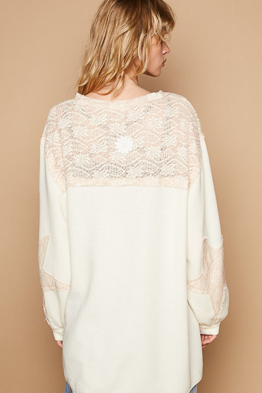 POL Round Neck Long Sleeve Crochet Patches Top