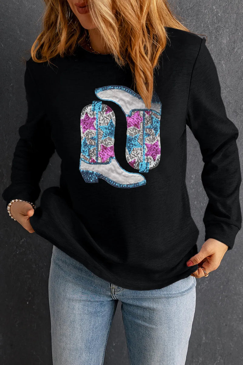 Boots Round Neck Long Sleeve Sweatshirt