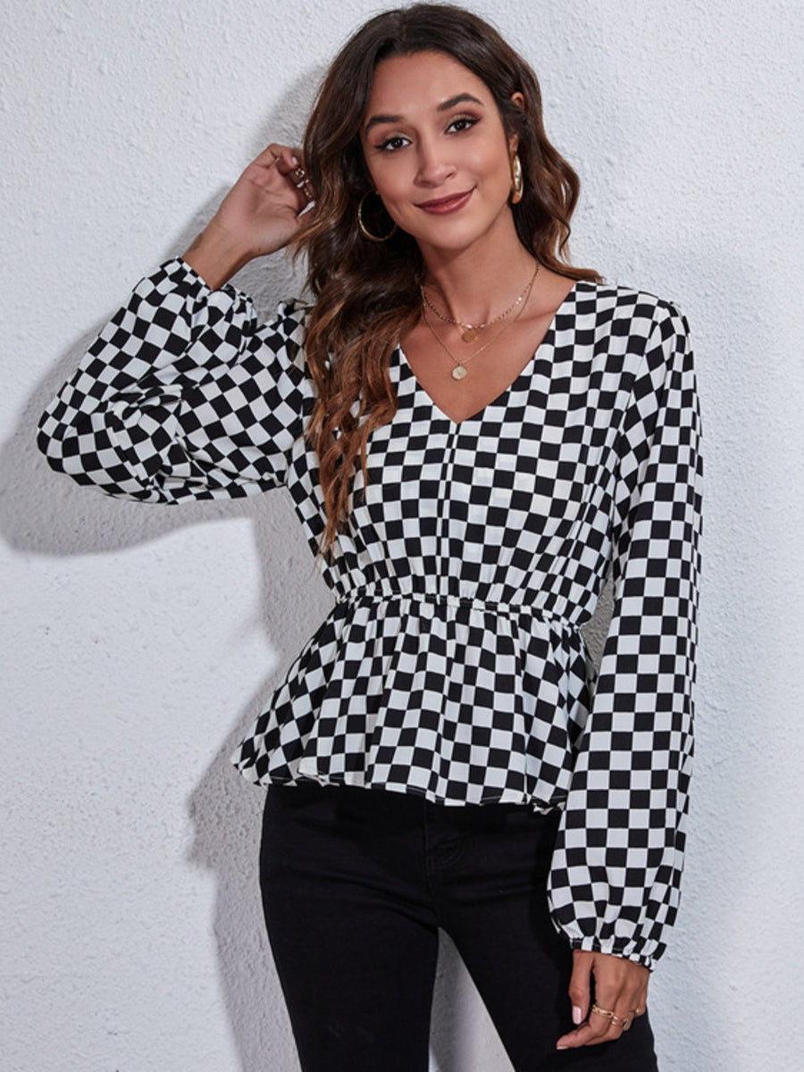 Ruched Printed V-Neck Long Sleeve Blouse Plaid