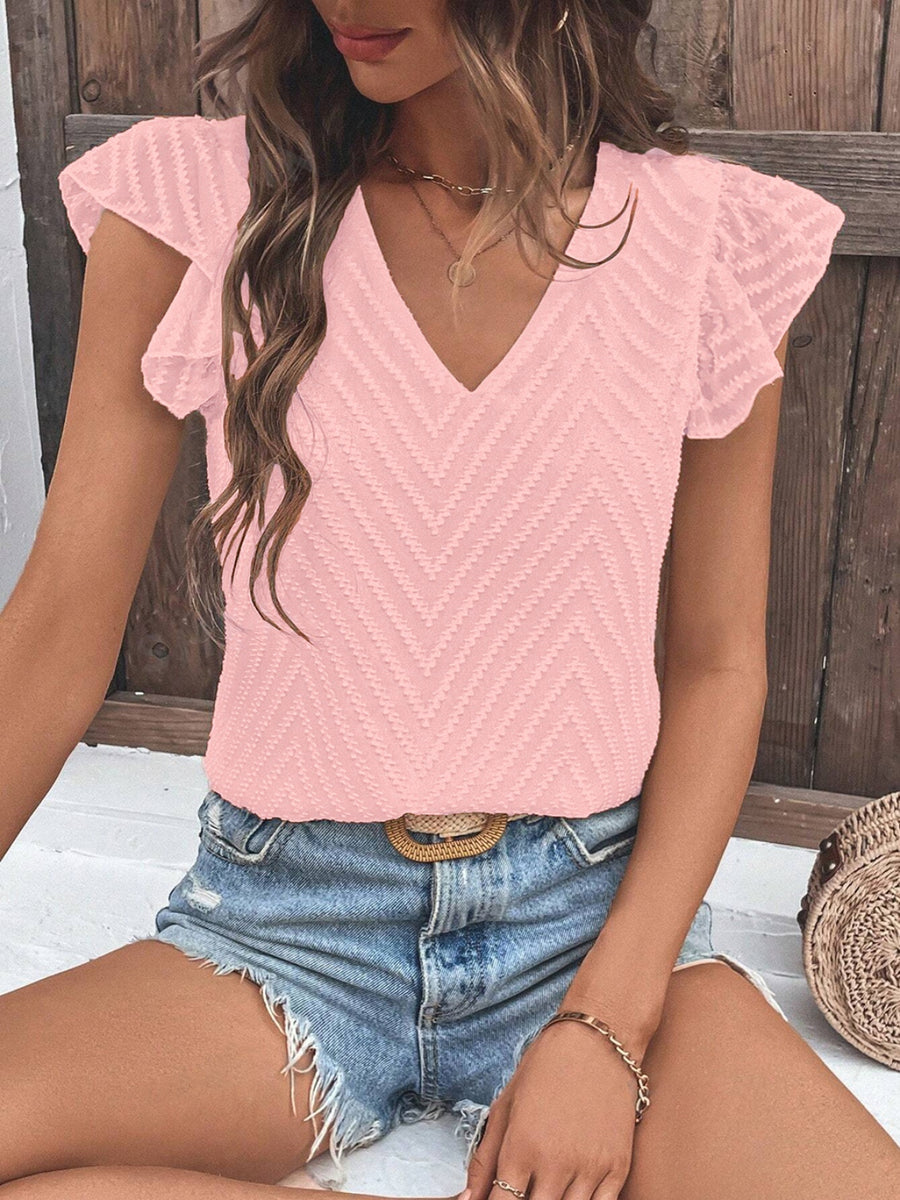 Textured V-Neck Cap Sleeve Blouse Blush Pink