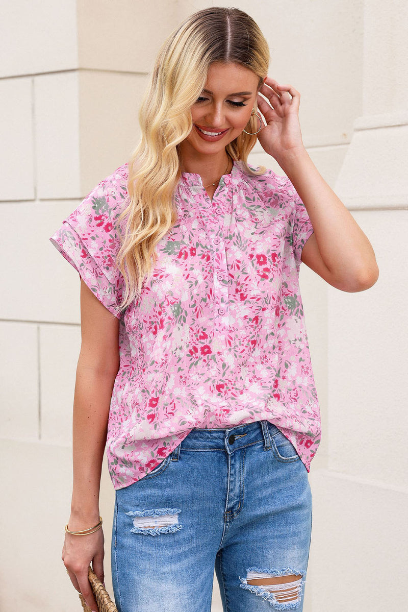 Floral Half-Button Flutter Sleeve Blouse