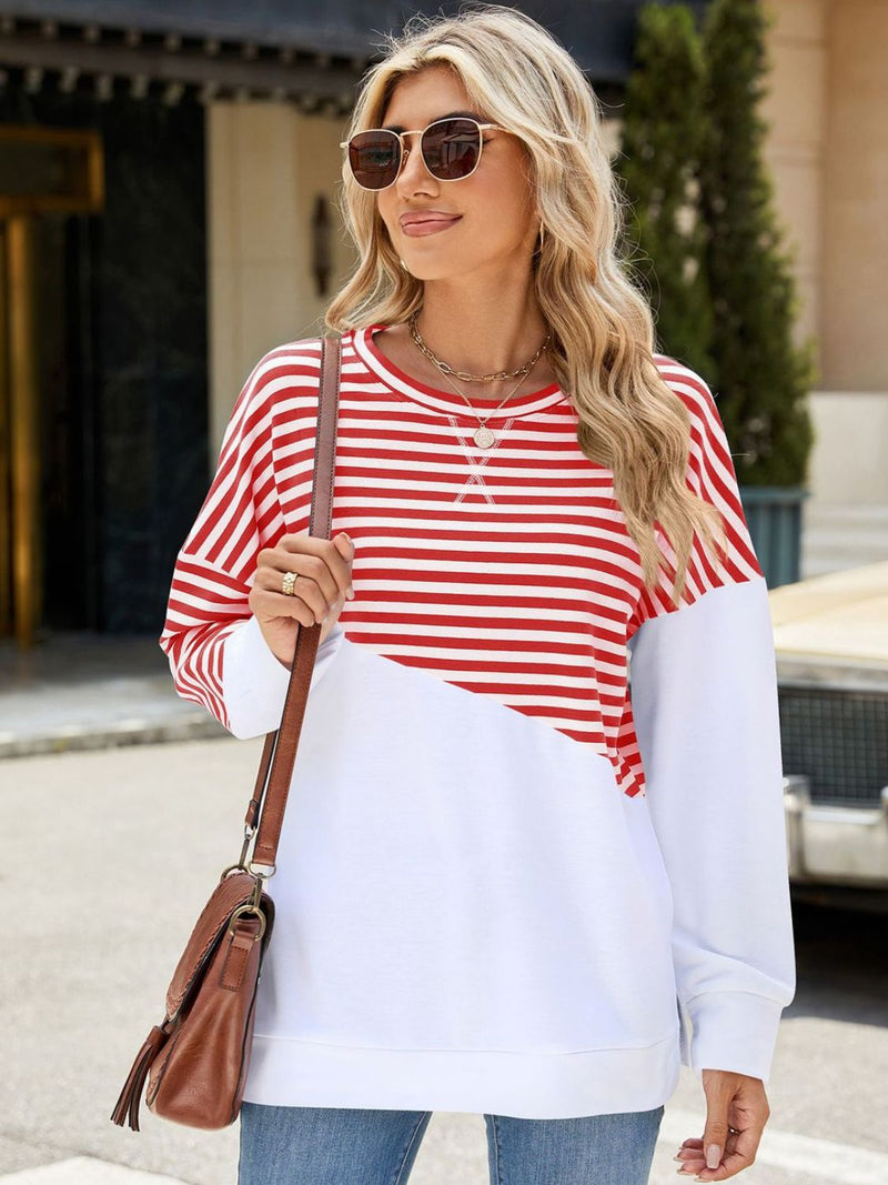 Slit Contrast Striped Long Sleeve Sweatshirt