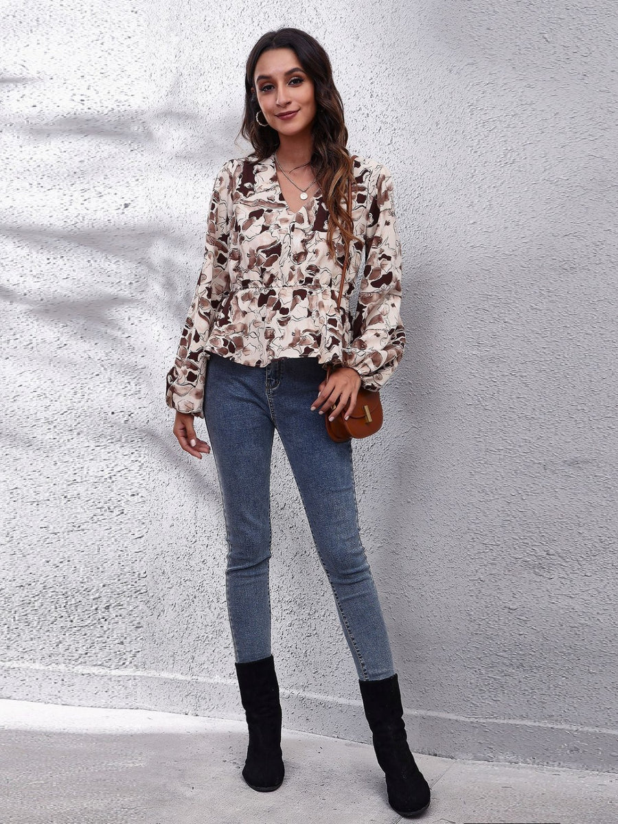 Ruched Printed V-Neck Long Sleeve Blouse Beige