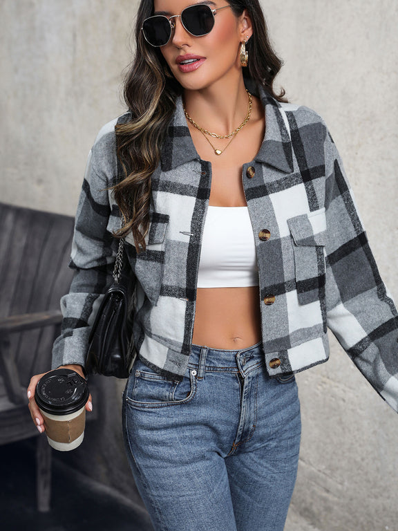 Perfee Plaid Button Up Drop Shoulder Cropped Jacket Dark Gray