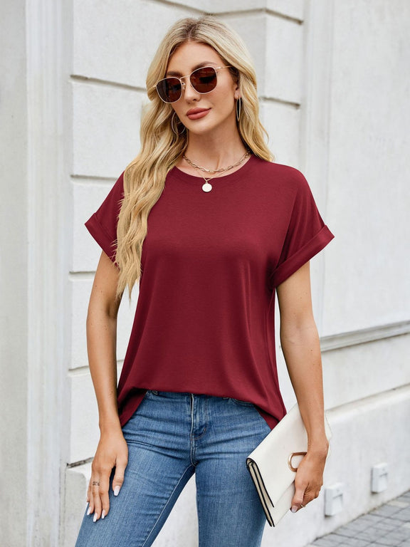 Florira Round Neck Short Sleeve T-Shirt Burgundy