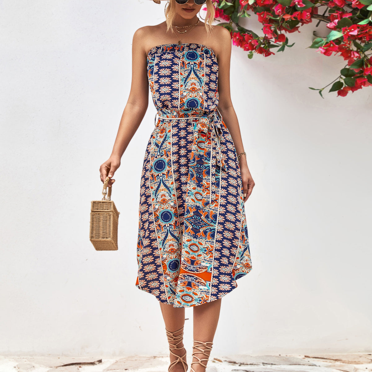 Printed Strapless Tie Belt Dress
