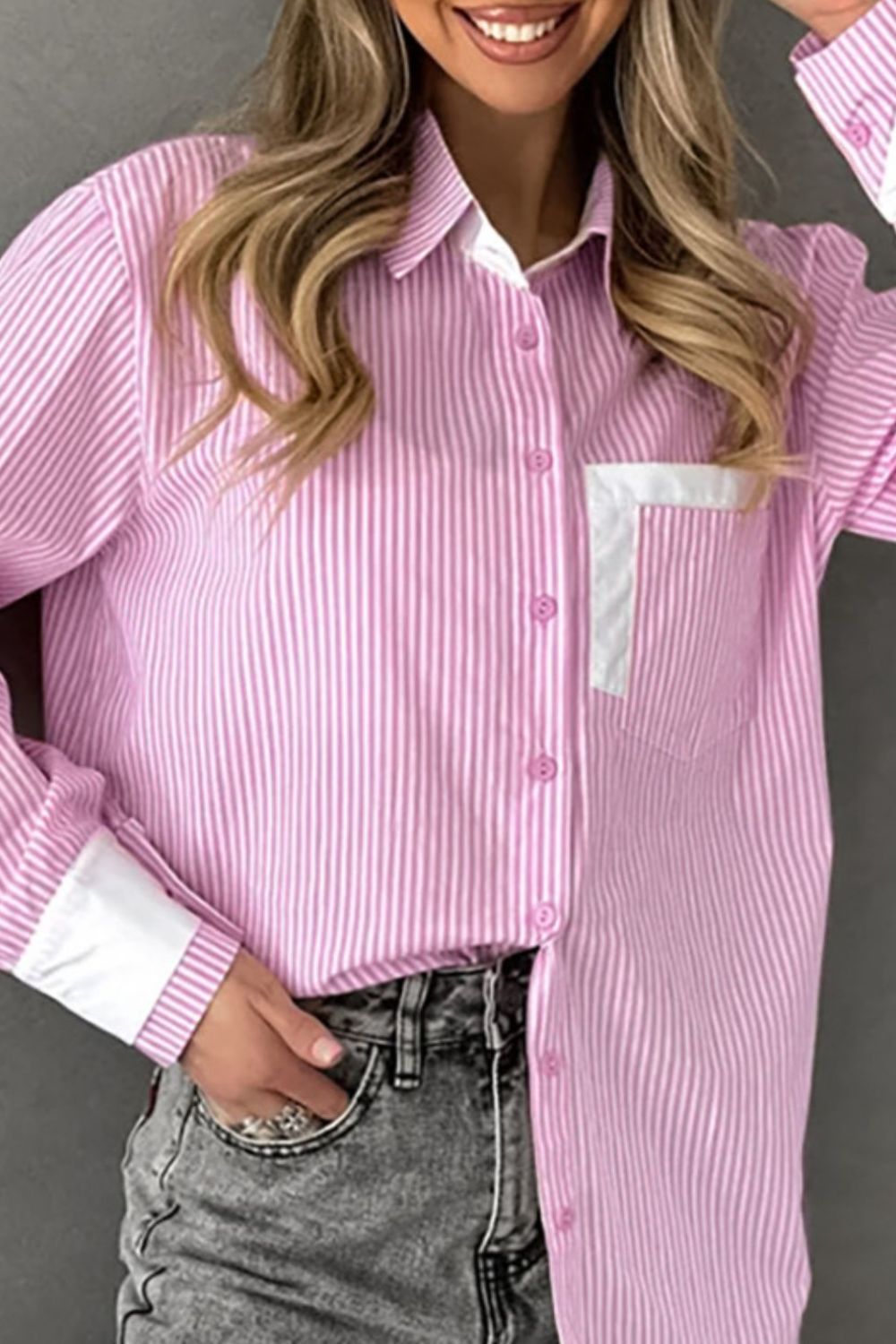 Striped Collared Neck Long Sleeve Shirt Pink