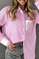 Striped Collared Neck Long Sleeve Shirt Pink
