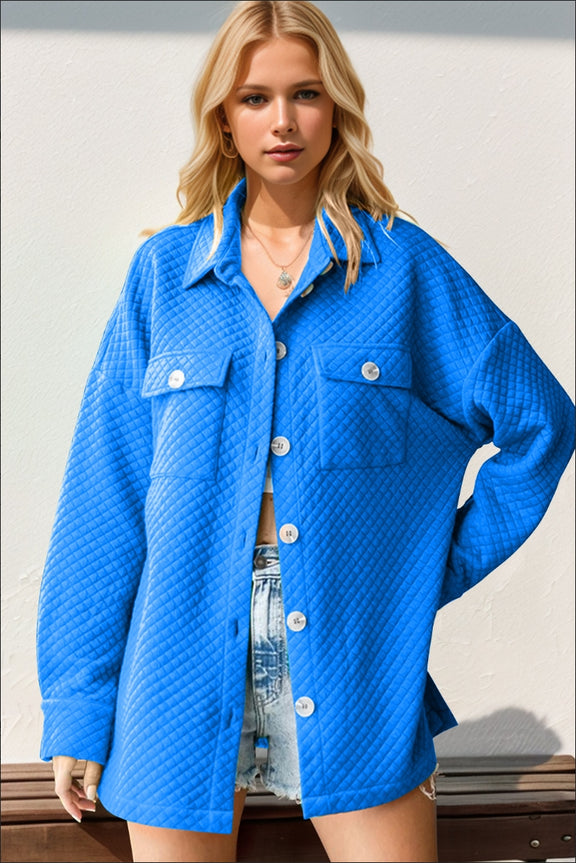 Double Take Full Size Textured Button Up Drop Shoulder Shacket Blue