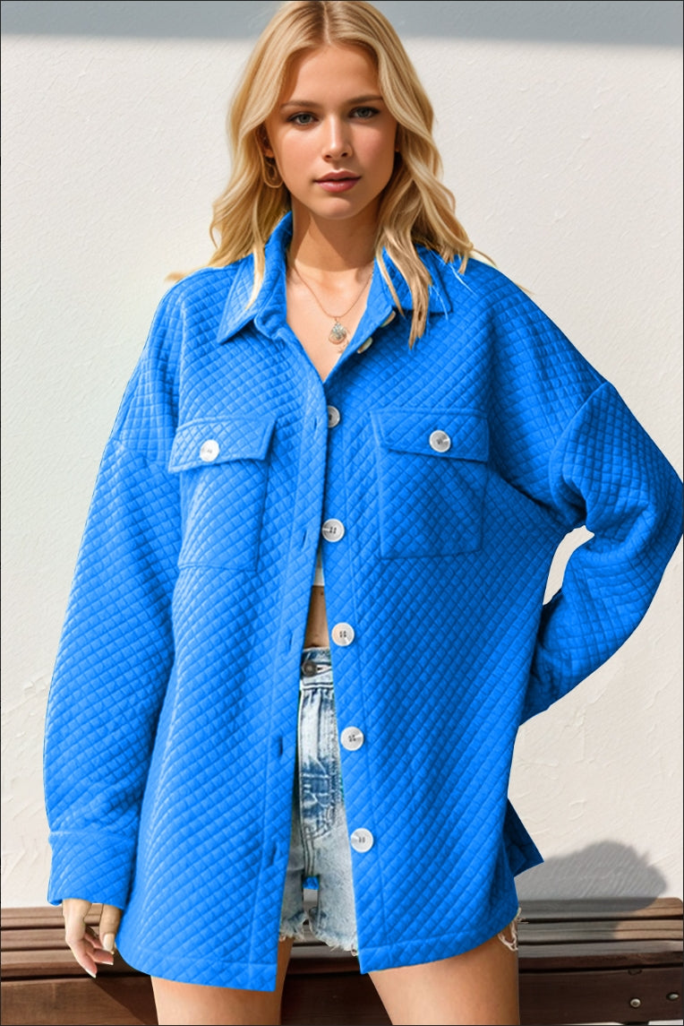Double Take Full Size Textured Button Up Drop Shoulder Shacket Blue