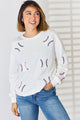 Sequin Baseball Round Neck Dropped Shoulder Sweatshirt White