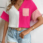 Color Block Johnny Collar Short Sleeve Blouse