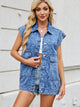 Leopard Button Up Cap Sleeve Denim Jacket Medium