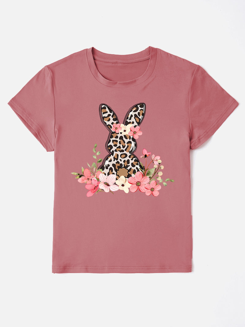 Rabbit Round Neck Short Sleeve T-Shirt Dusty Pink