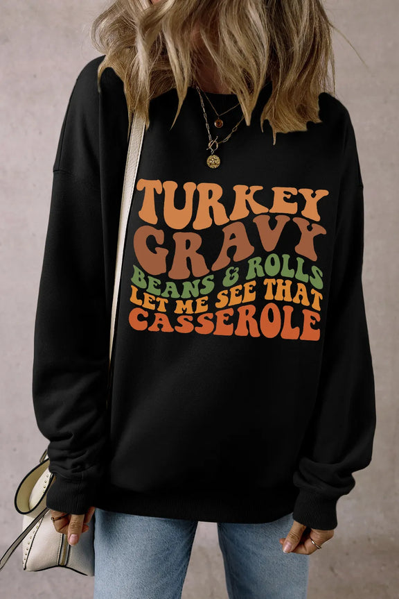 Letter Graphic Round Neck Long Sleeve Sweatshirt Black