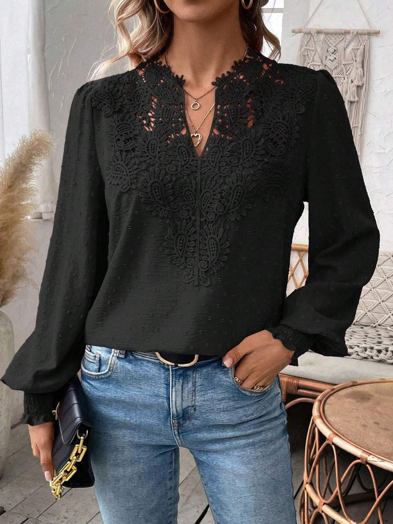 Swiss Dot Lace Detail Notched Long Sleeve Blouse Black