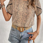 Perfee Printed Pom Pom Detail Petal Sleeve Round Neck Blouse