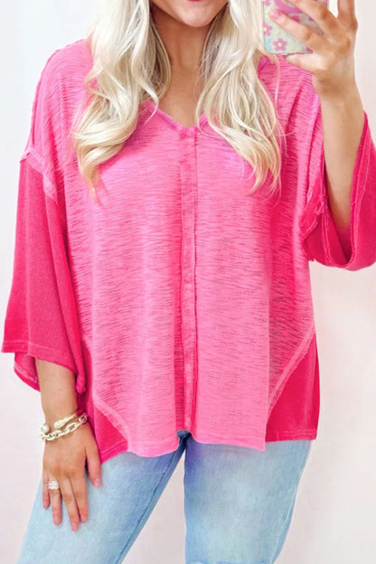 Exposed Seam V-Neck Three-Quarter Sleeve Blouse Hot Pink