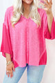 Exposed Seam V-Neck Three-Quarter Sleeve Blouse Hot Pink