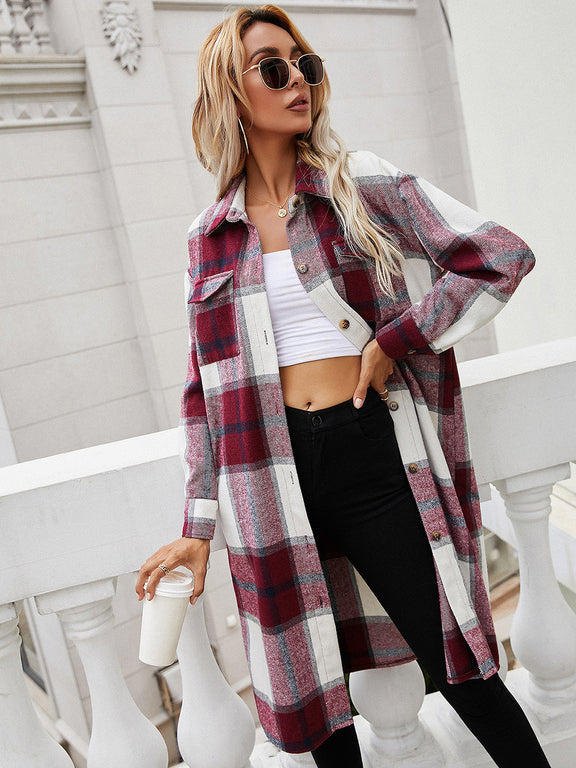 Ivy Lane Plaid Longline Shirt Jacket Burgundy