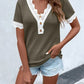 Waffle-Knit V-Neck Short Sleeve Blouse