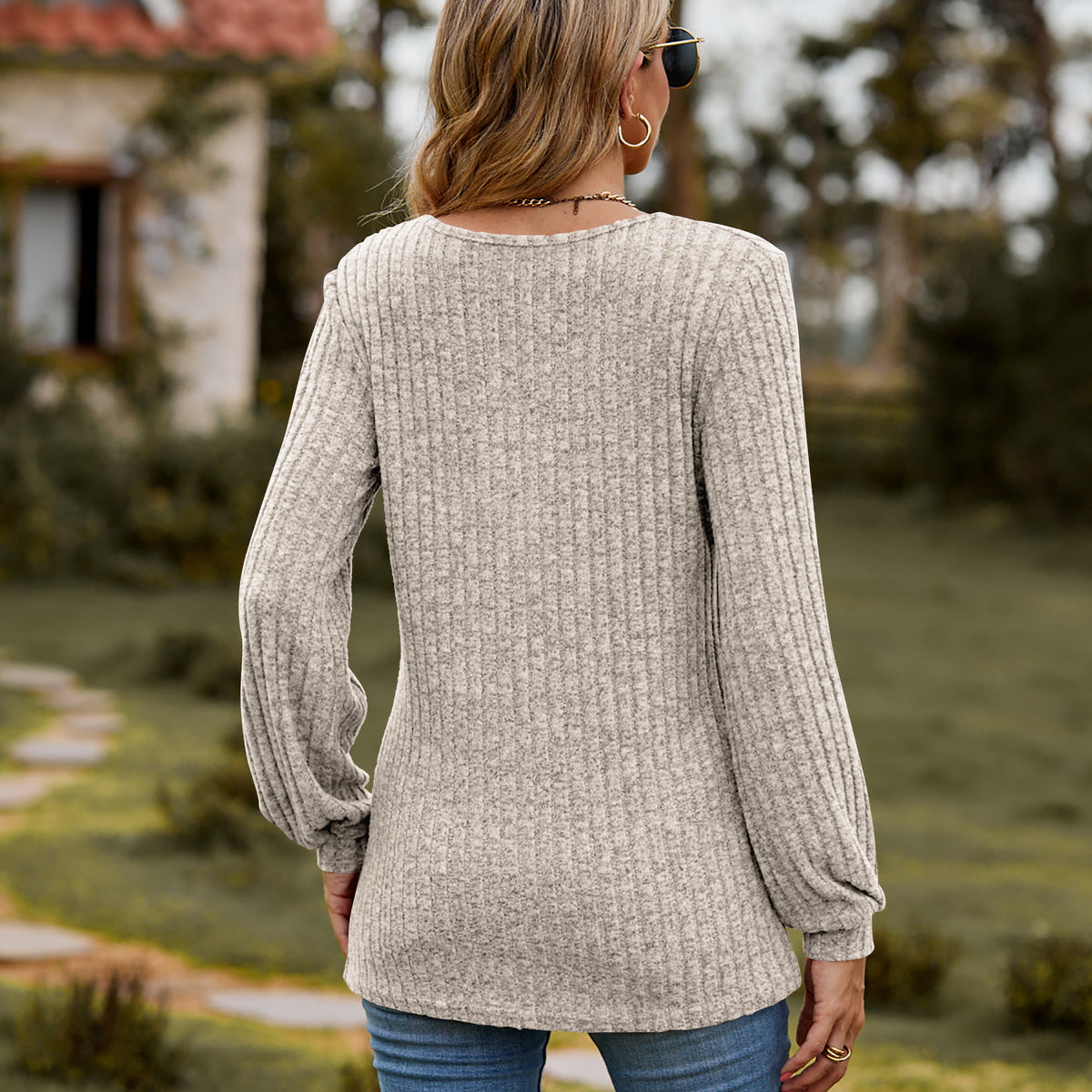 Round Neck Button-Down Long Sleeve Tee