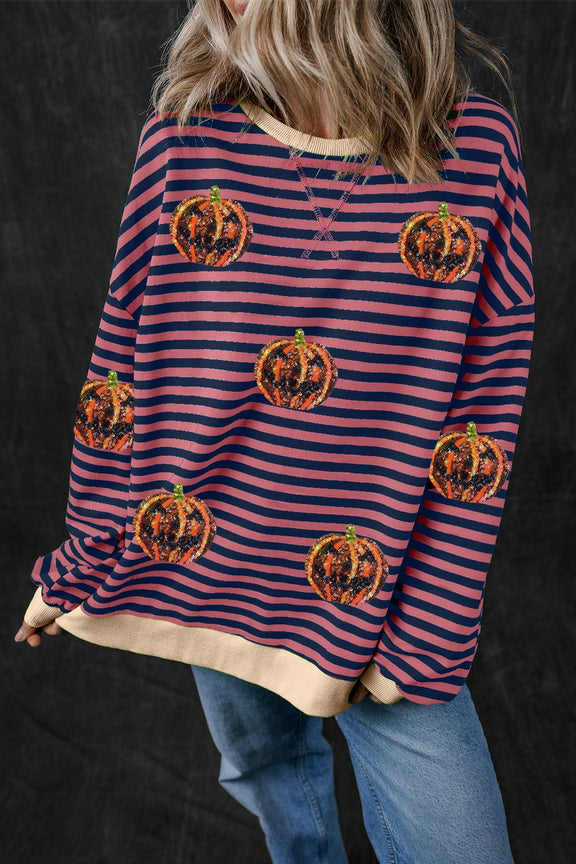 Pumpkin Striped Round Neck Long Sleeve Sweatshirt Dusty Pink