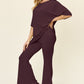 Double Take Full Size Round Neck Drop Shoulder T-Shirt and Flare Pants Set