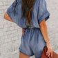 MeiMei Notched Tie Waist Short Sleeve Denim Romper