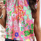 Ruffled Printed Mock Neck Cap Sleeve Blouse