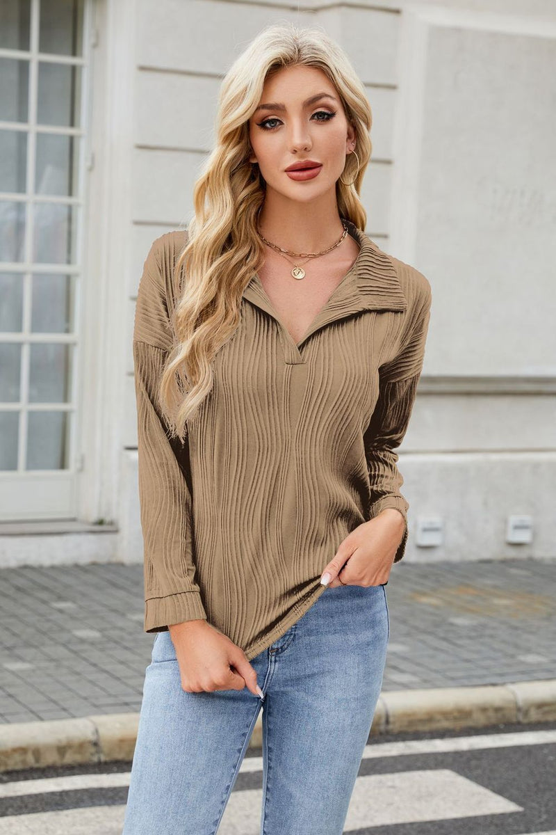 Texture Collared Neck Long Sleeve Blouse Taupe